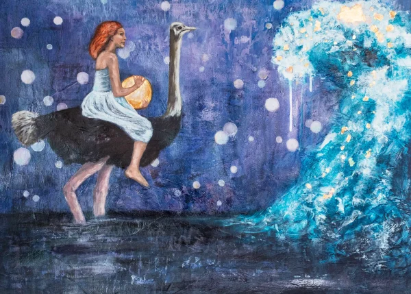 Mixed Media Artwork on Paper. Girl on an ostrich with a golden sphere in her hand.