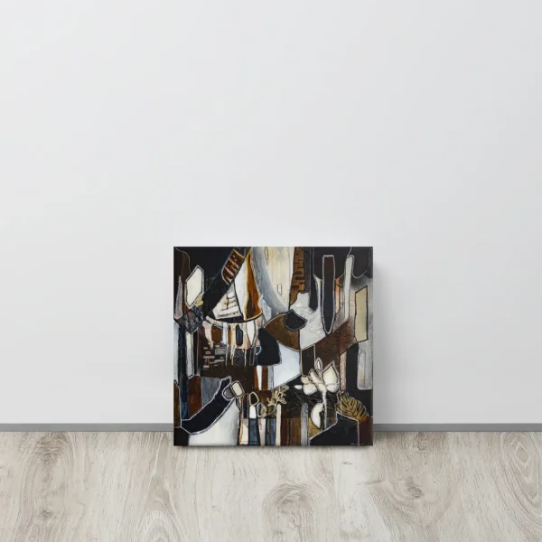 Canvas print in brown, dark blue and gold tones abstract shapes and lines Born under Trees small on the floor