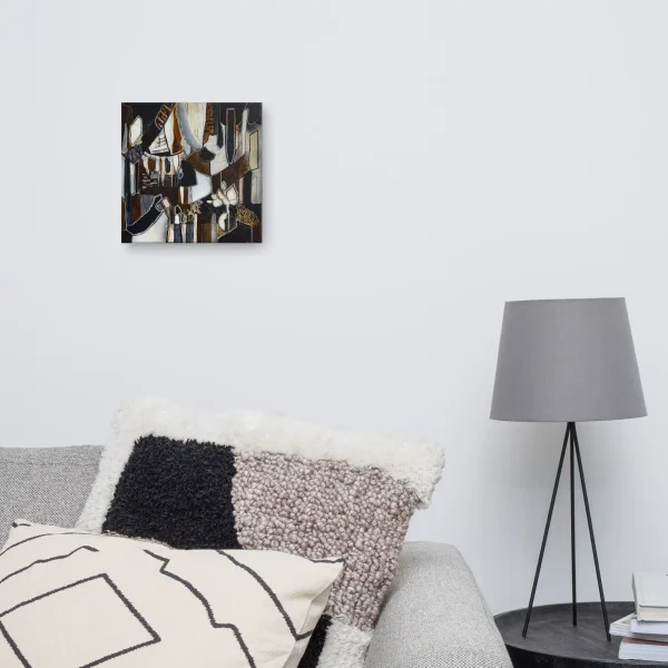 Canvas print in brown, dark blue and gold tones abstract shapes and lines Born under Trees small on the wall