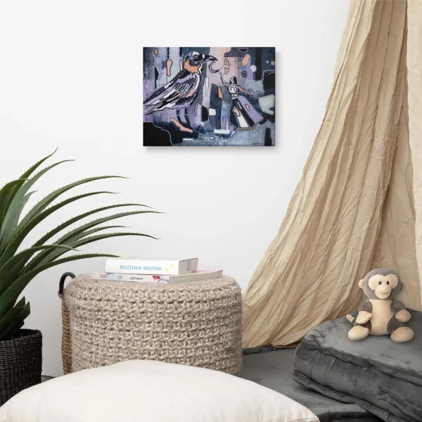 Canvas print woman and raven with moon Key to Freedom small size in a bedroom