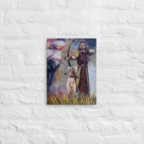 Canvas print Hunting our Ghosts Woman with bow and arrow accompanied by dog in the field