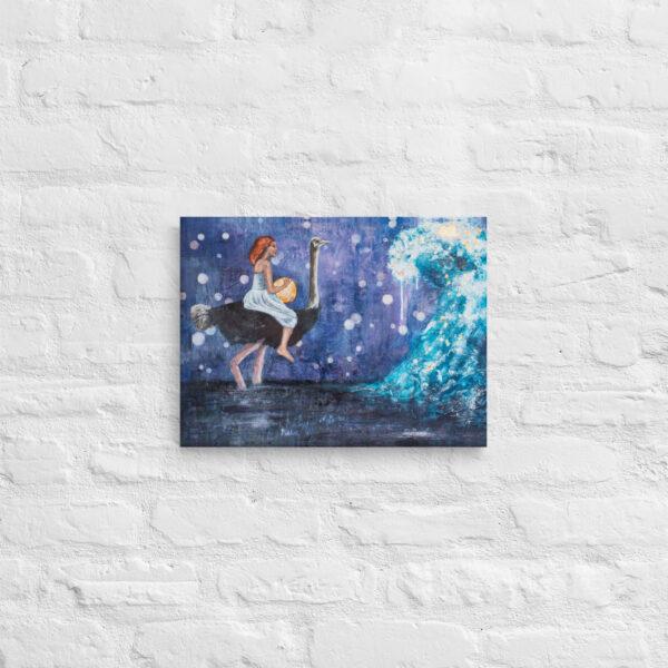 Canvas print Your Wave girl with gold ball in her hands sitting on a ostrich and riding into a wave