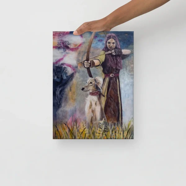 Leinwanddruck Hunting our Ghosts Frau mit Pfeil und Bogen begleitet von Hund im Feld in der Hand gehalten