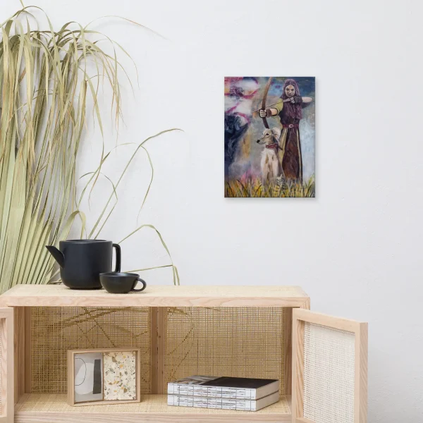 Canvas print Hunting our Ghosts Woman with bow and arrow accompanied by dog in the field Canvas at the wall example room