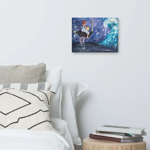 Canvas print Your Wave girl with gold ball in her hands sitting on a ostrich and riding into a wave on the wall bedroom