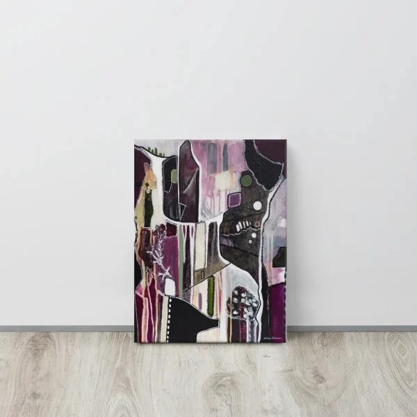 Canvas print Evening on the Balcony Bordeaux magenta dark color scheme trees plants texture shapes circles lines canvas on the floor against the wall