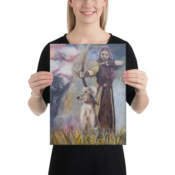 Canvas print Hunting our Ghosts Woman with bow and arrow accompanied by dog in the field Canvas person holding