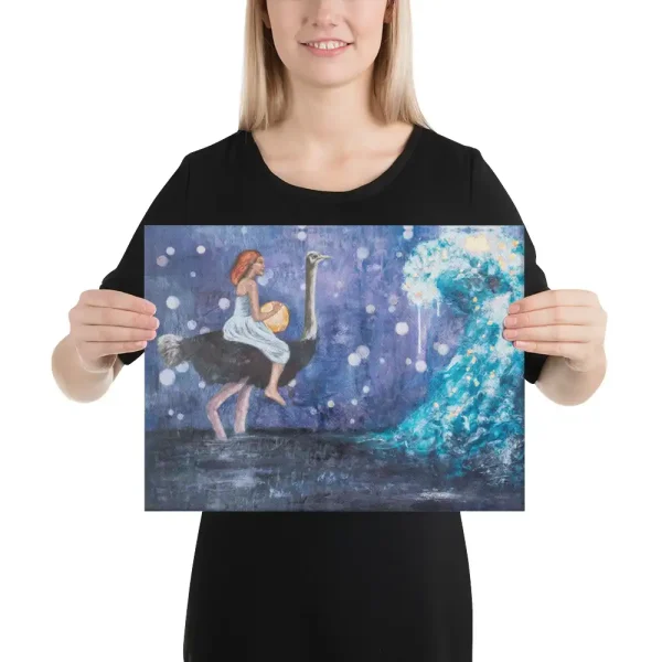 Canvas print Your Wave girl with gold ball in her hands sitting on a ostrich and riding into a wave person holding the canvas