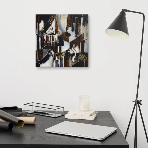 Canvas print in brown, dark blue and gold tones abstract shapes and lines Born under Trees large on the wall