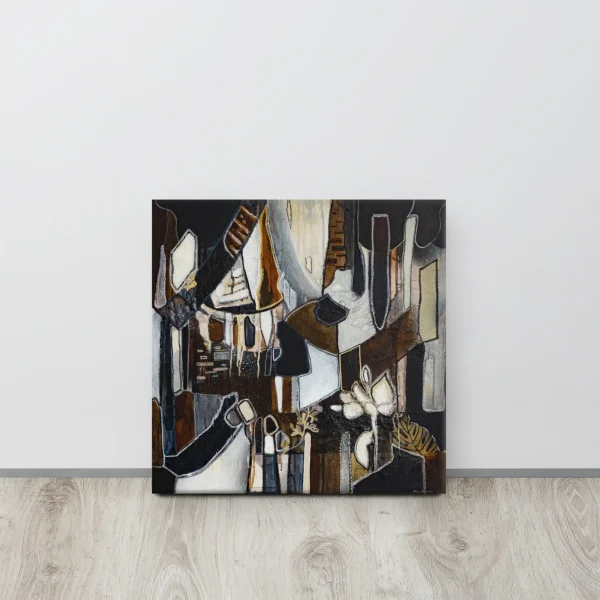 Canvas print in brown, dark blue and gold tones abstract shapes and lines Born under Trees large on the floor