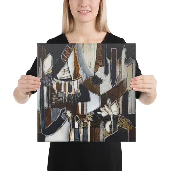 Canvas print in brown, dark blue and gold tones abstract shapes and lines Born under Trees large person holding canvas